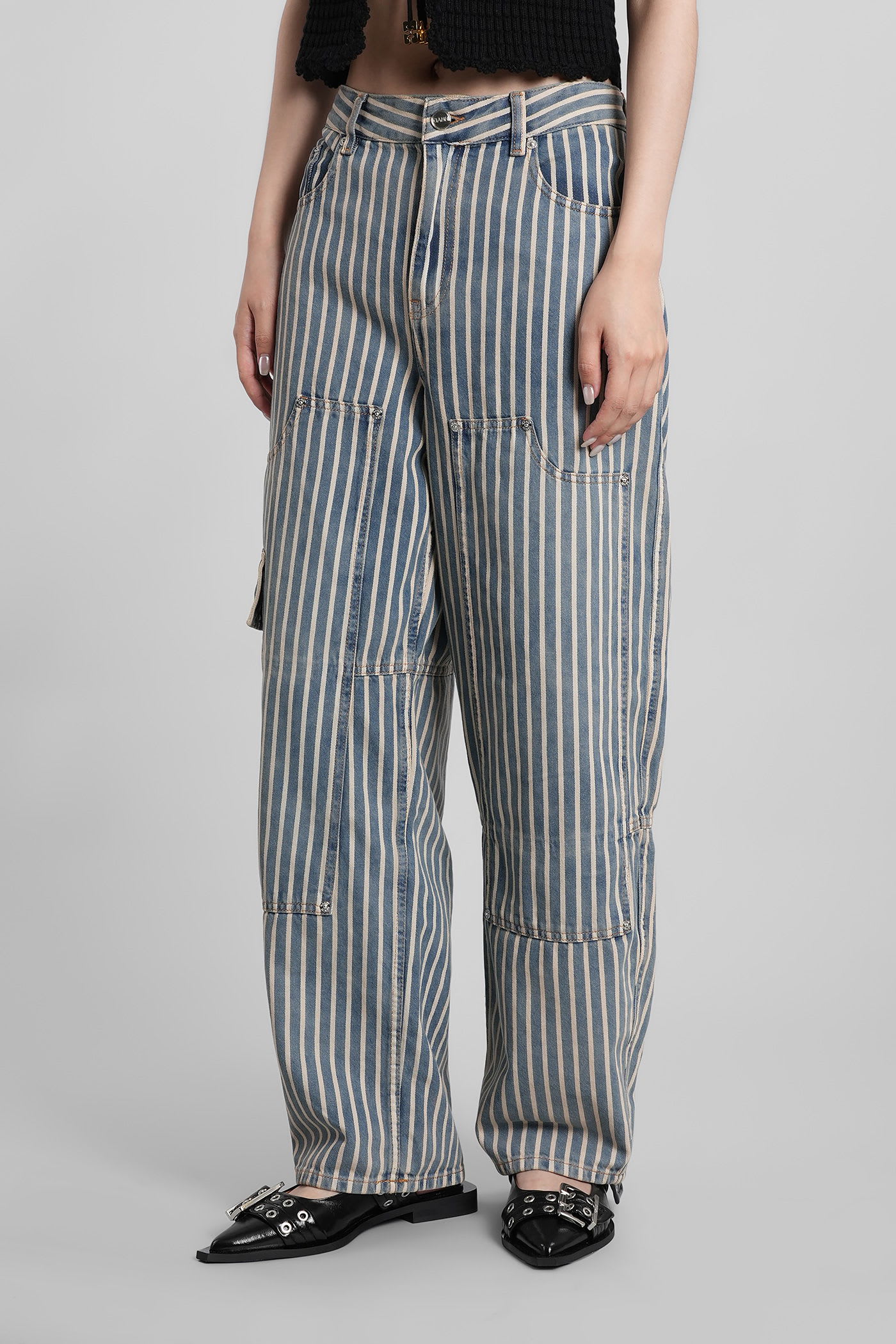 Ganni Light Stripe Denim Carpenter Jeans In Multi