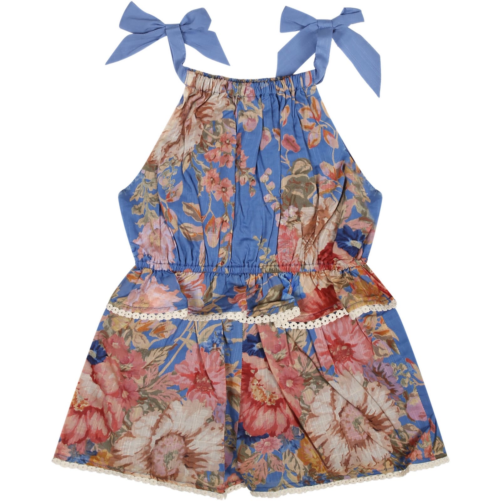 Shop Zimmermann Blue Dungarees For Girl With Floral Print In Light Blue
