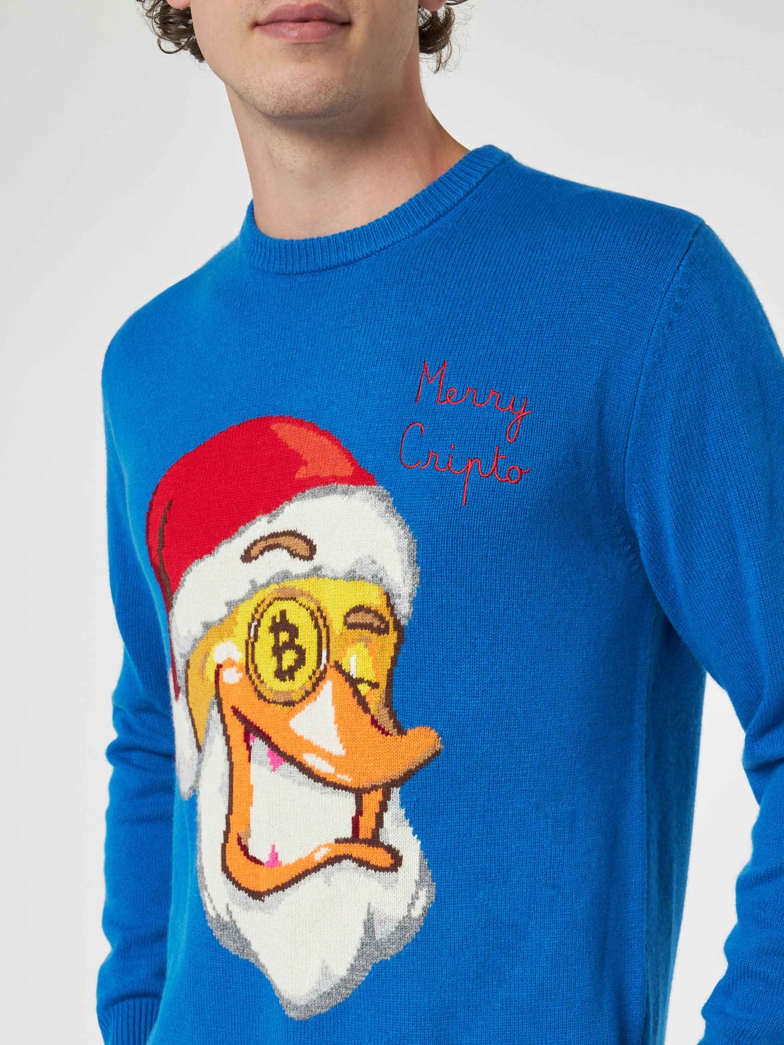 Shop Mc2 Saint Barth Man Crewneck Sweater With Crypto Ducky Jacquard Print Crypto Puppets Special Edition In Sky