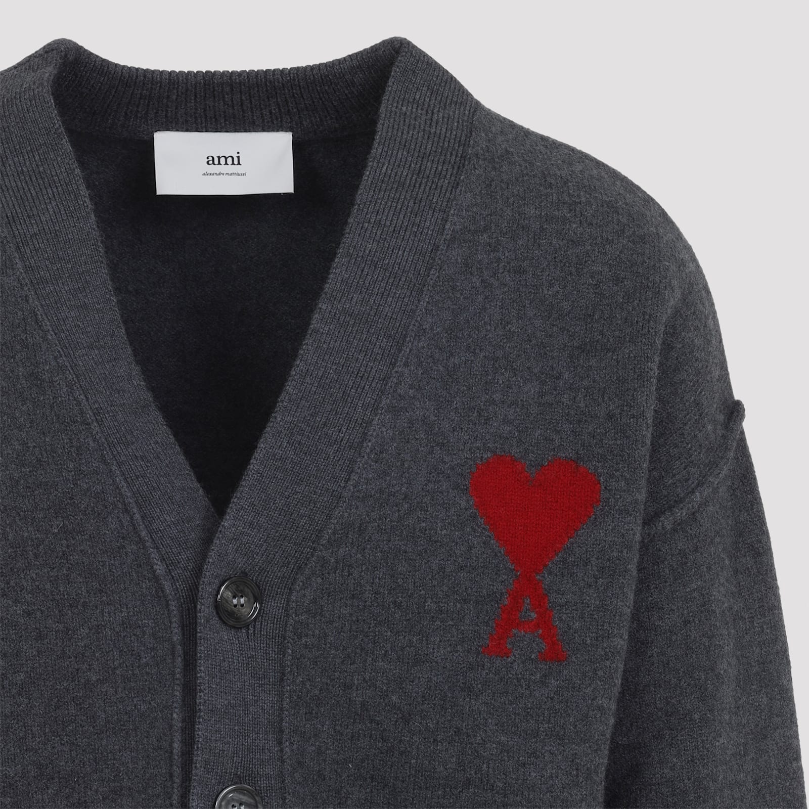Ami Alexandre Mattiussi Ami De Coeur Heather Grey Wool Cardigan In Gray