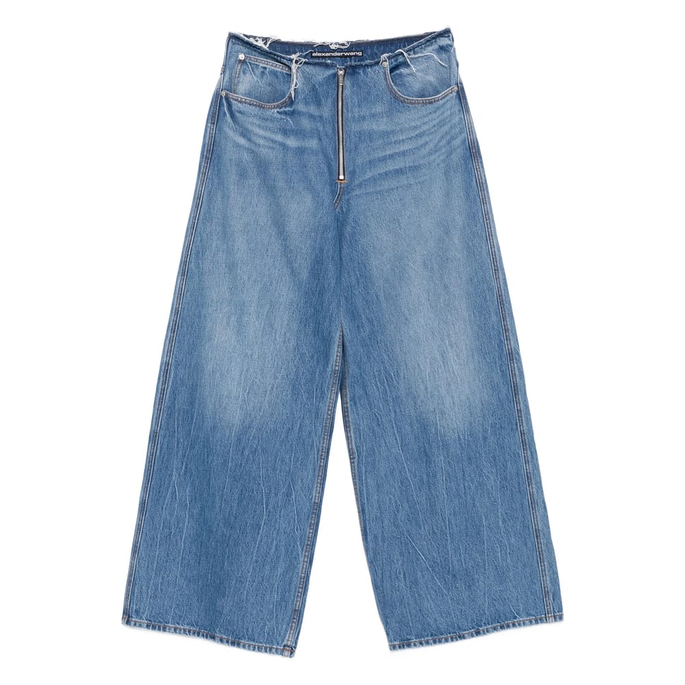 Alexander Wang Frayed Waist Wide Leg Zip-up Jeans In Blue