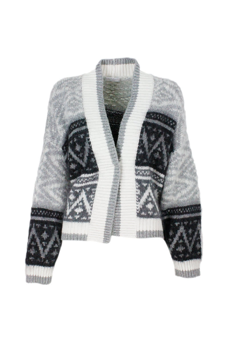 Brunello Cucinelli Intarsia Cardigan In Alpaca Cashmere And Wool With Fluid Shapes With Button Closure