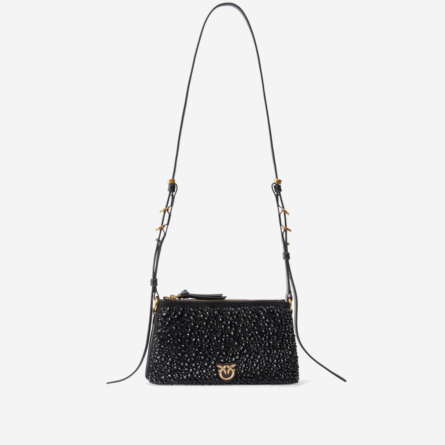 Pinko Mini Double Bag Shoulder Bag With Full Rhinestones In Black