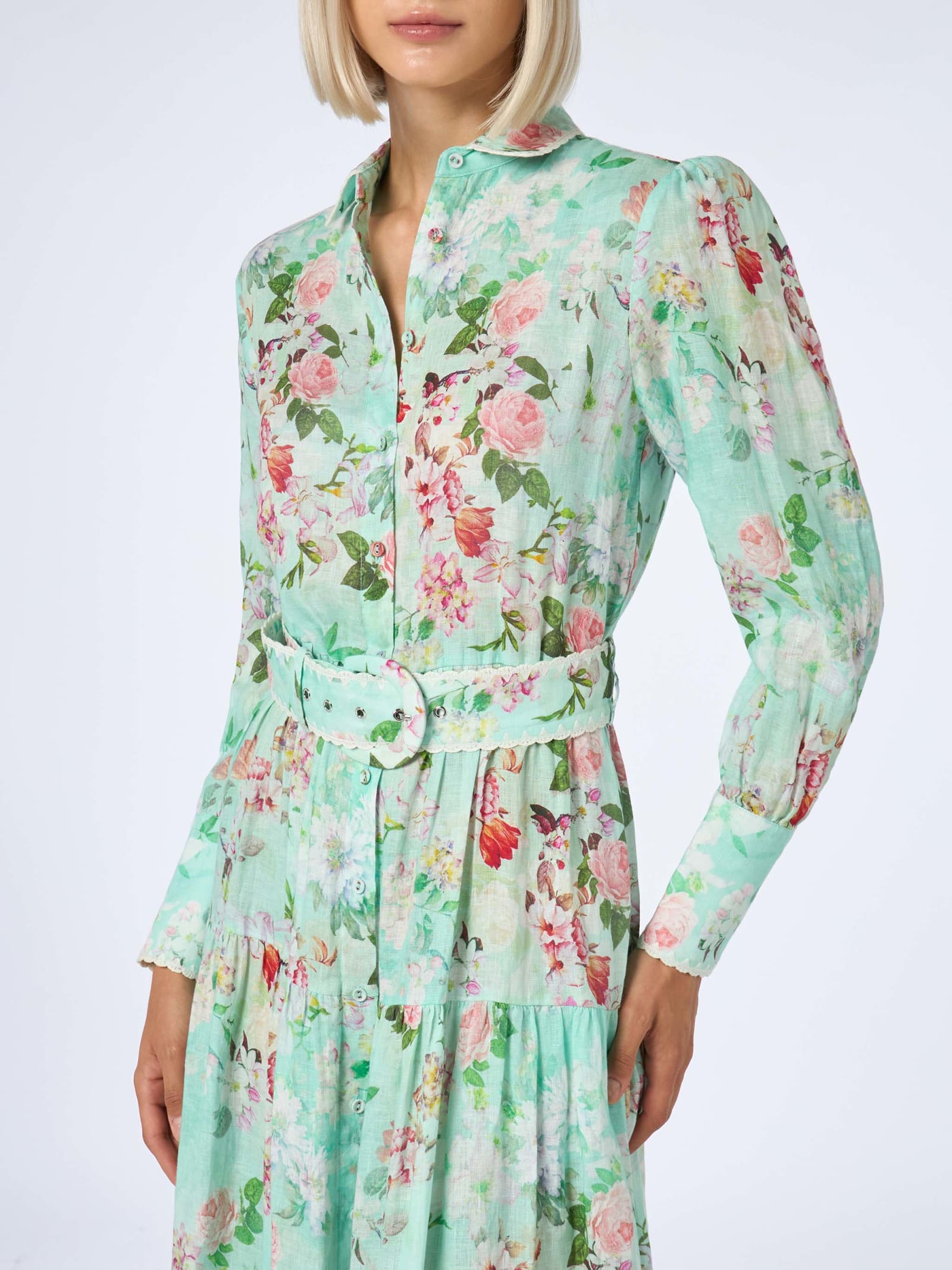 Mc2 Saint Barth Woman Linen Dress Marbella With Flower Print In Green