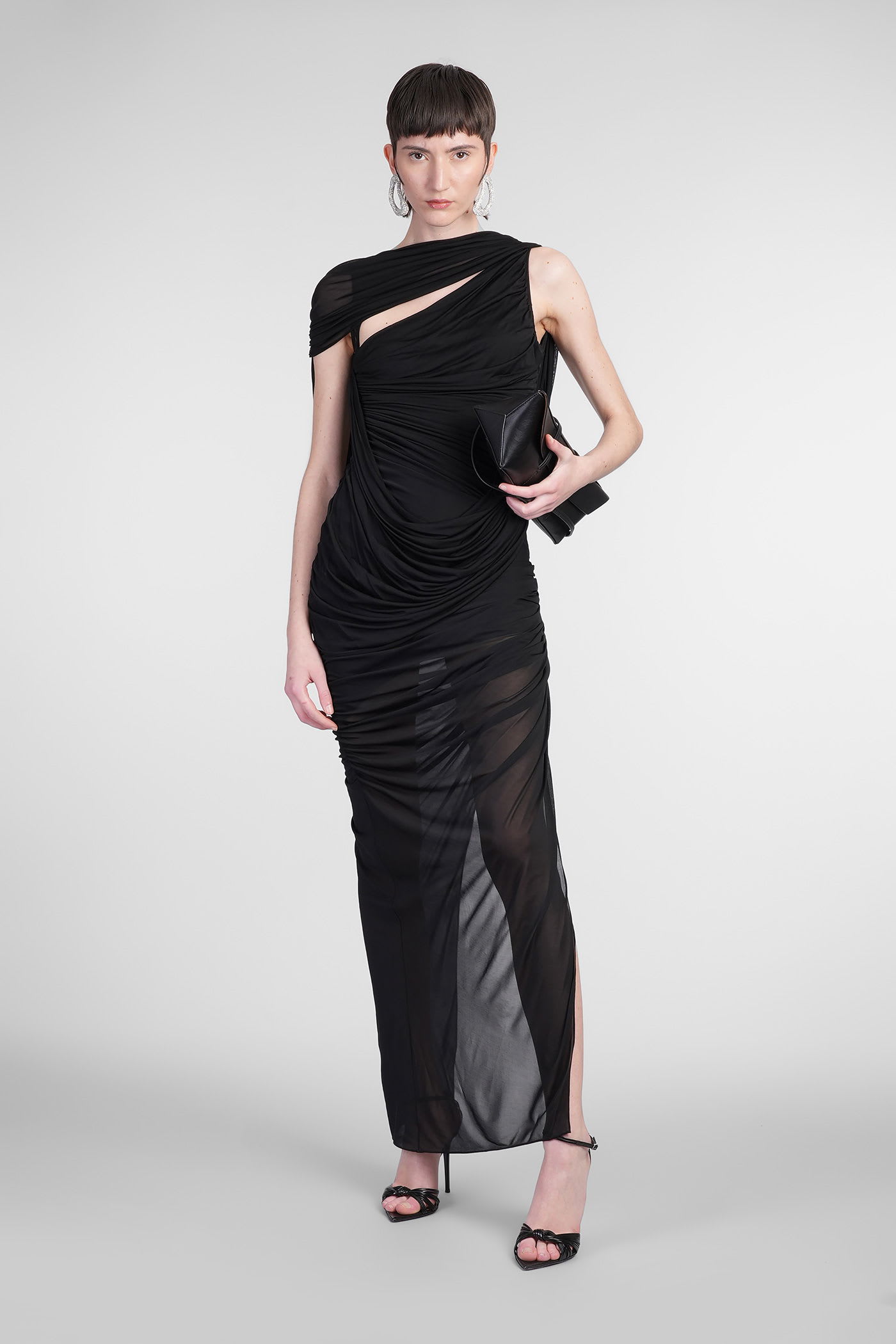 Mugler Draped Sheer Mesh Gown In Black