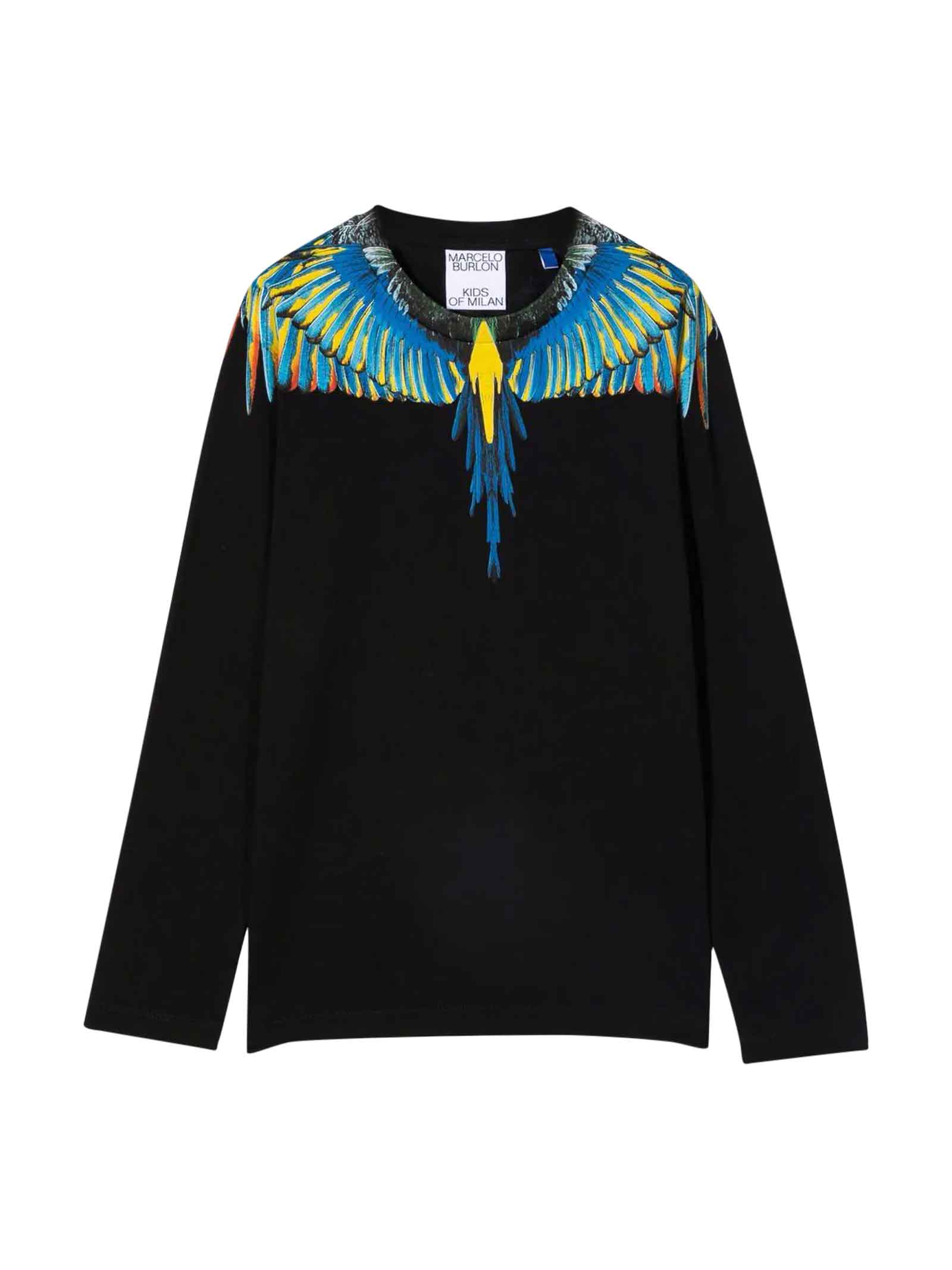 Marcelo Burlon Black T-shirt With Long Sleeves And Multicolor Print