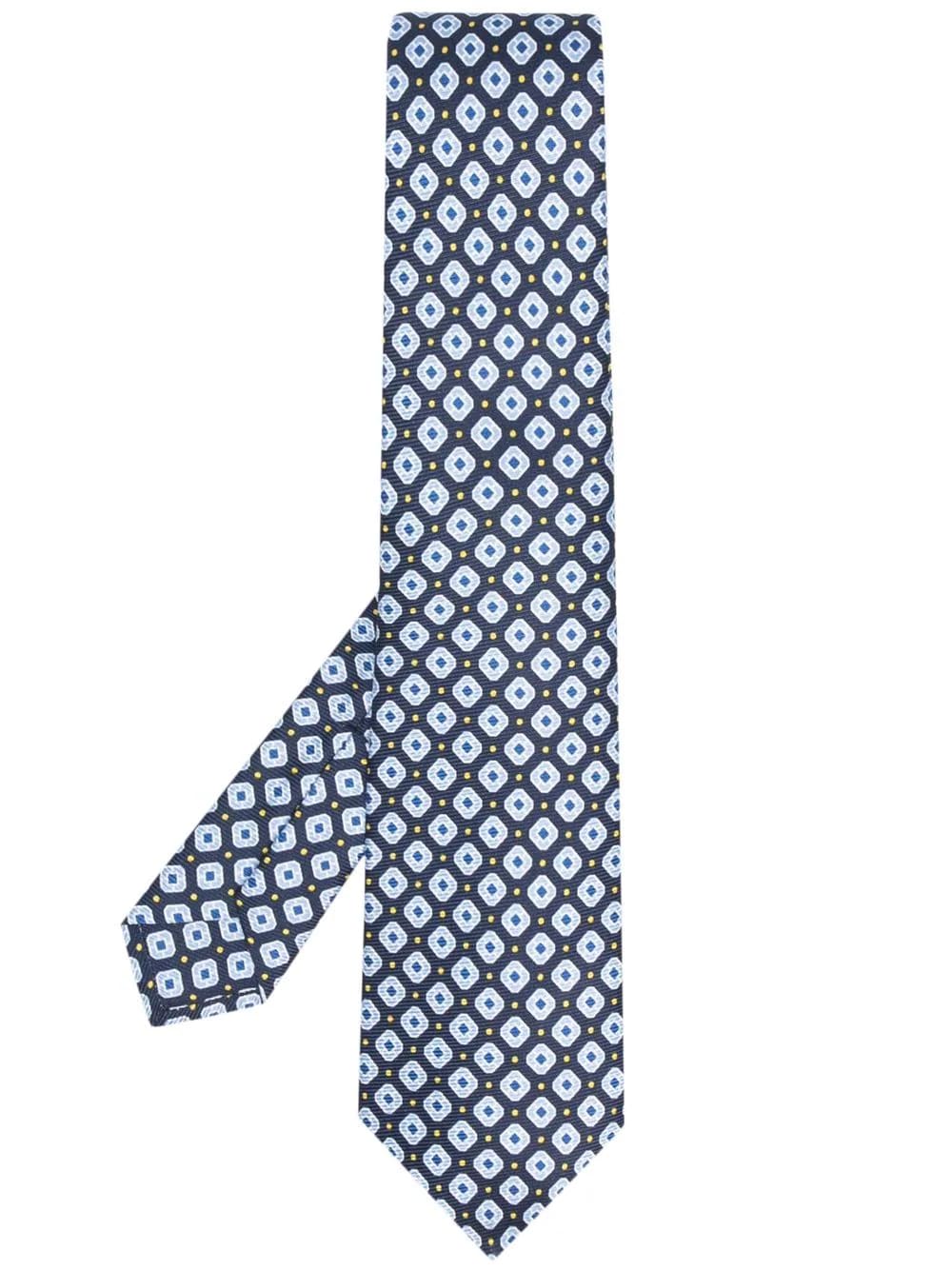 Kiton Navy Blue Classic Tie With Yellow Micro Polka Dots And Light Blue Lozenges