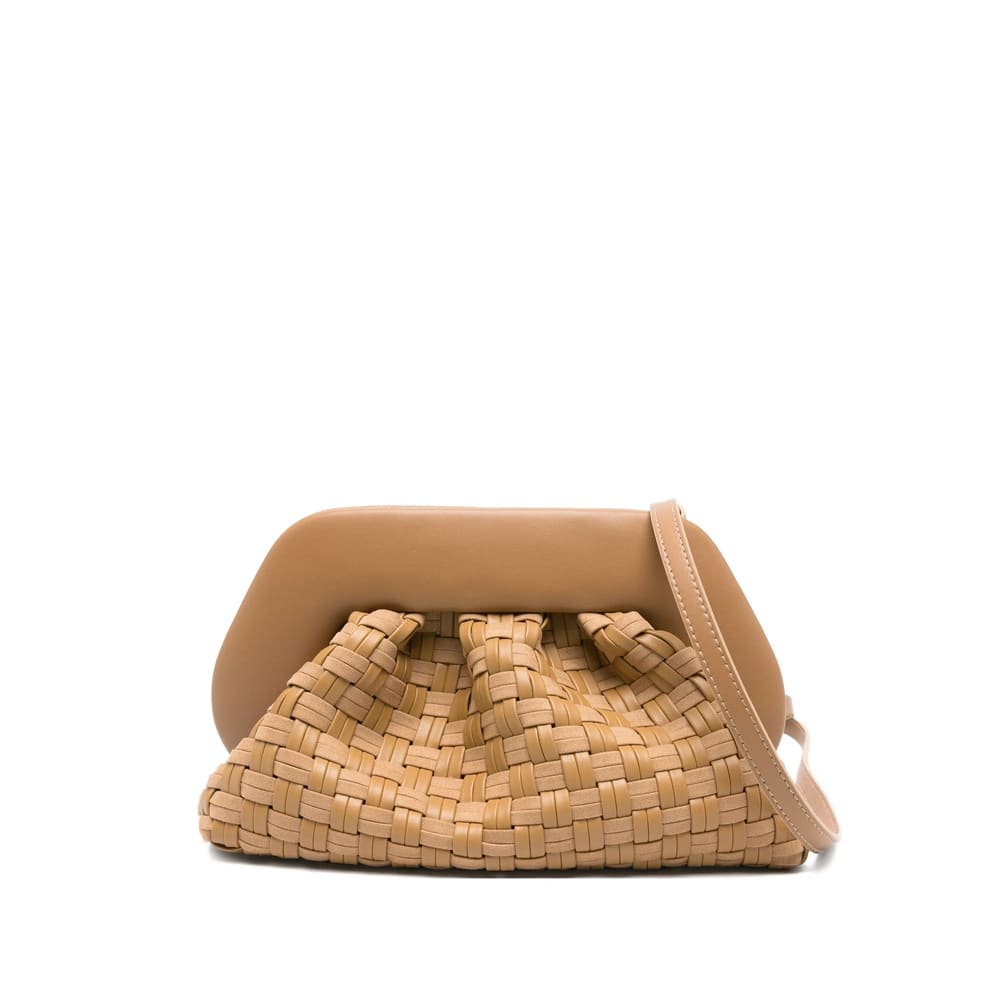 Themoirè Tia Clutch Bag In Biscuit With Woven Suede Motif And Shoulder Strap In Neutral