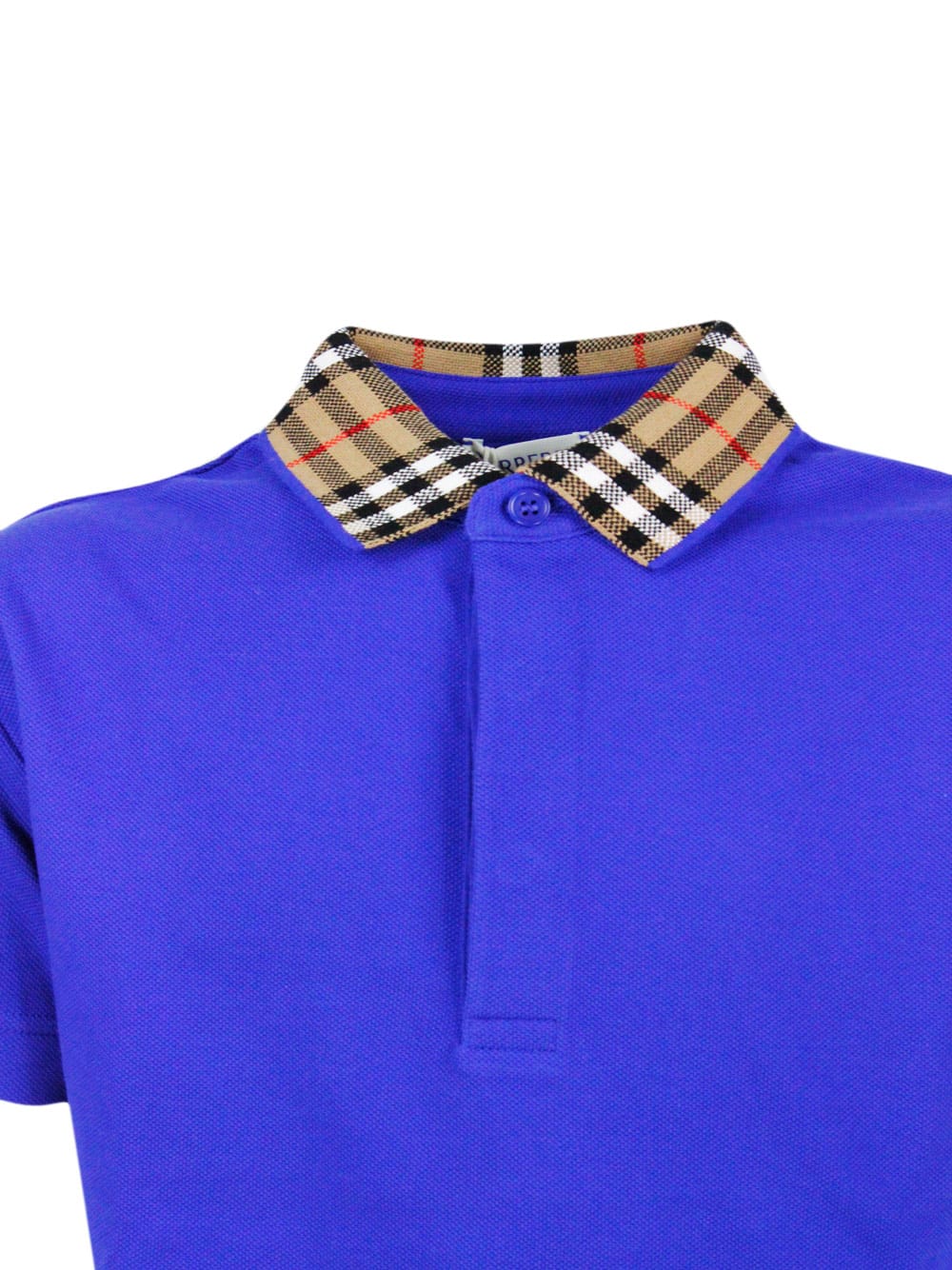 Shop Burberry Piqué Cotton Polo Shirt With Check Collar And Button Closure In Blu Royal