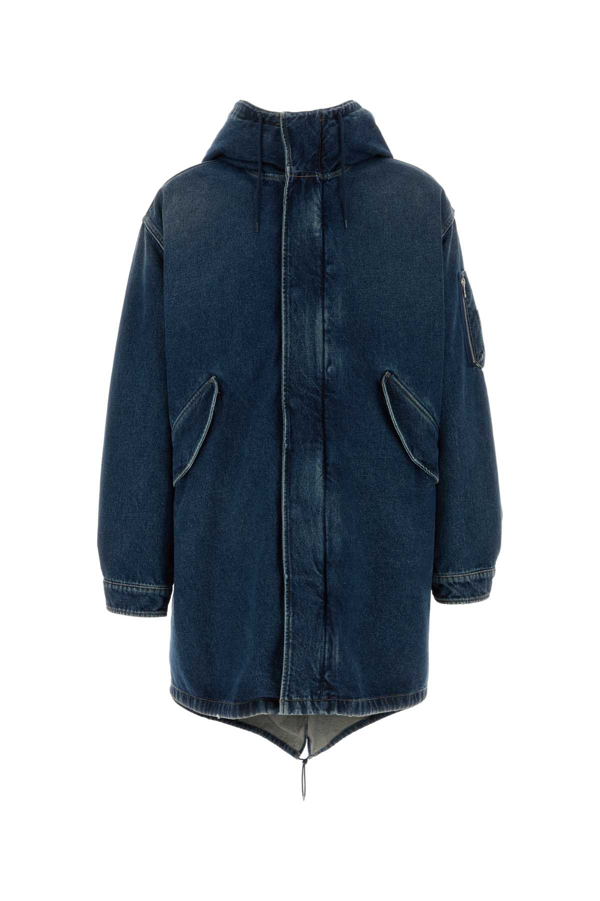 Shop Prada Denim Padded Coat In Bleu