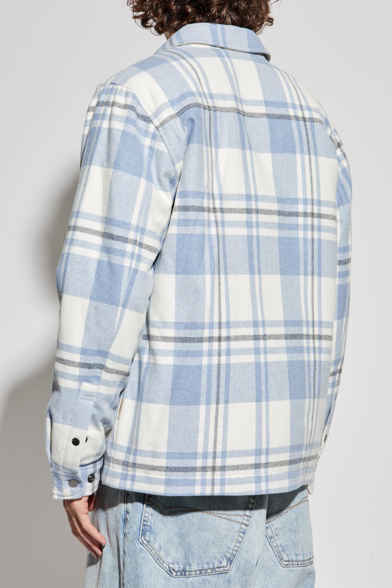 Woolrich Plaid Logo Jacket With Structured Collar In Blue