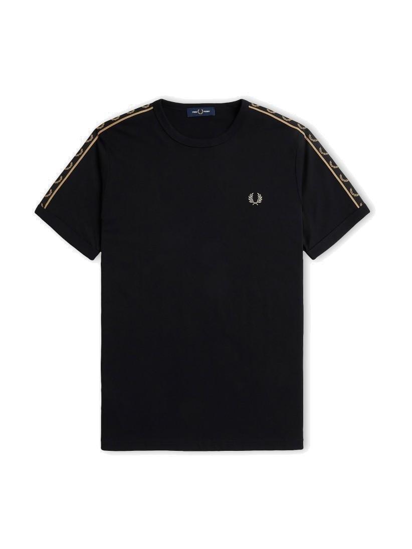 Shop Fred Perry Logo-tape Crewneck T-shirt In Pblack/warm Stone