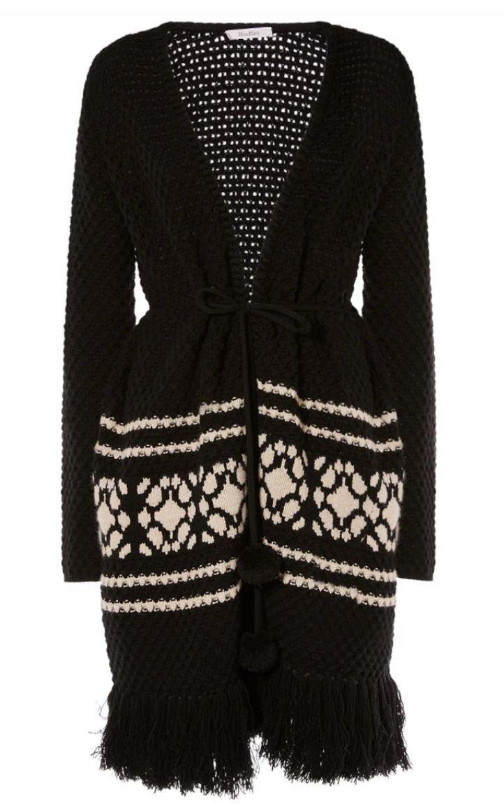 Shop Max Mara V-neck Fringed Edge Cardigan In Nero/bianco