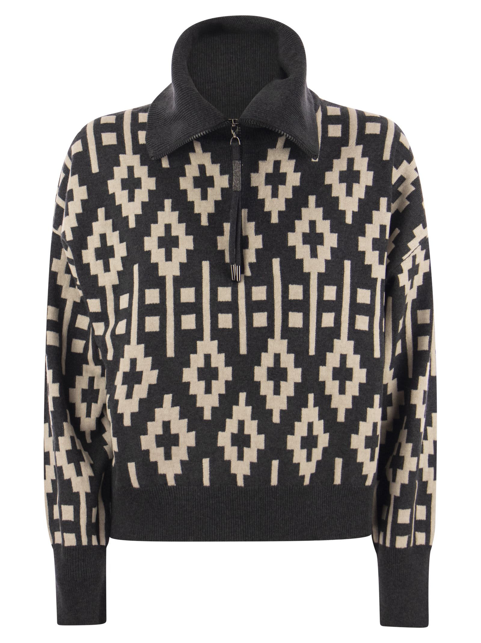 BRUNELLO CUCINELLI VINTAGE JACQUARD SWEATER IN VIRGIN WOOL, CASHMERE AND SILK WITH SHINY HALF ZIP