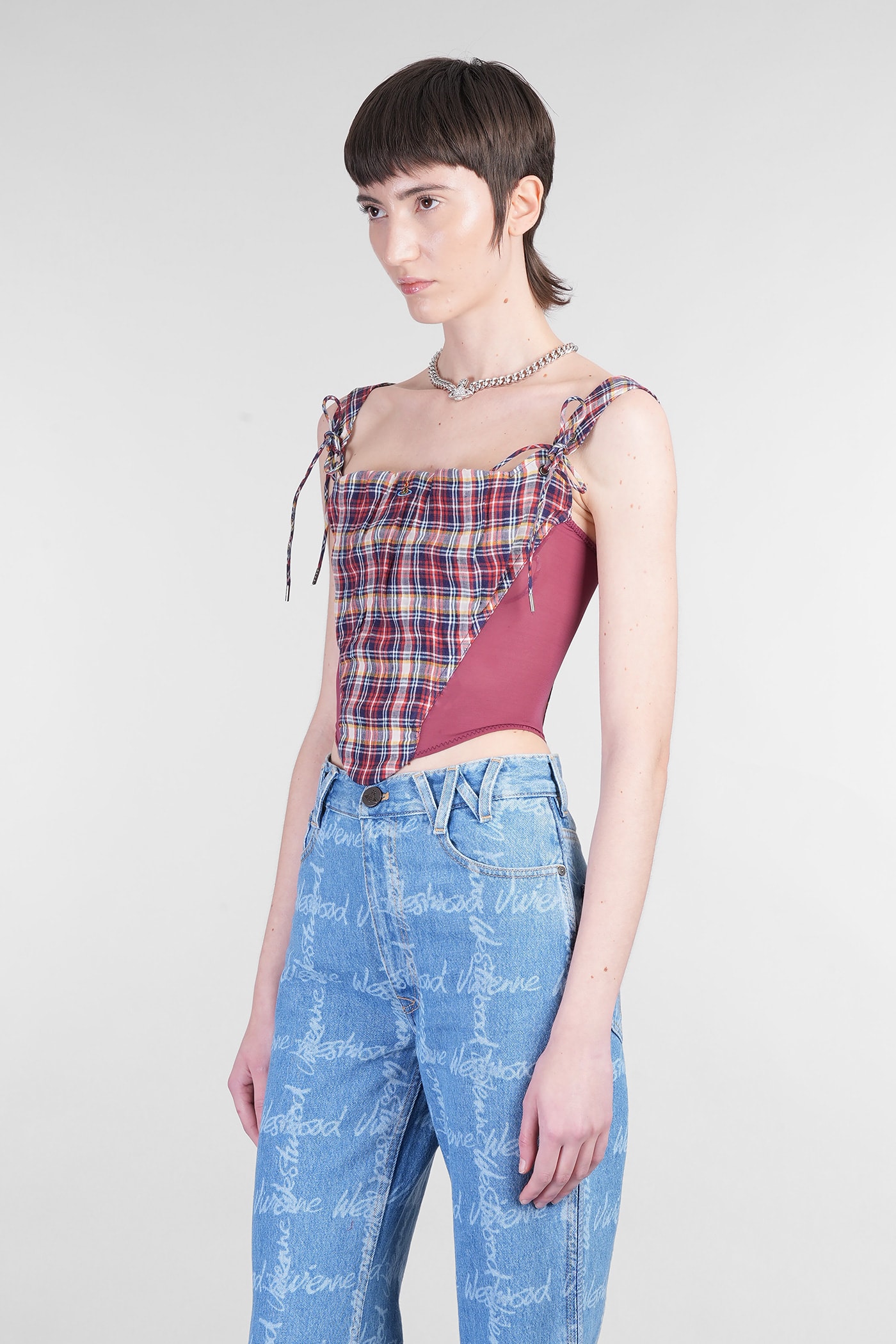 Vivienne Westwood Puppy Mesh-trimmed Checked Linen And Cotton-blend Bustier Top