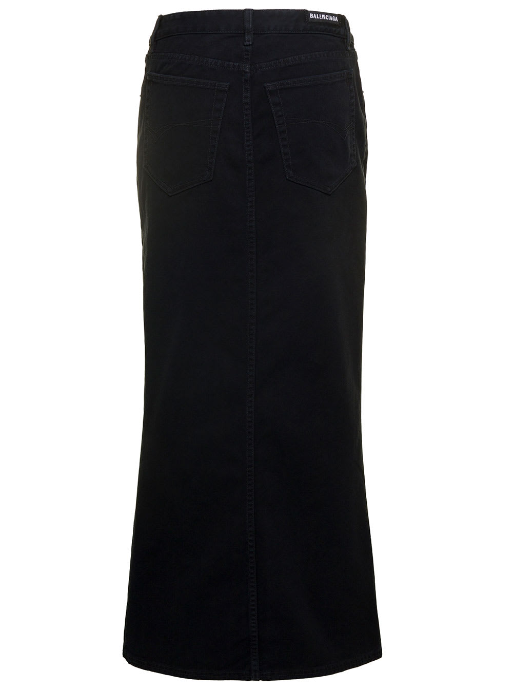 Shop Balenciaga Maxi Black Skirt With Logo Patch At The Back In Cotton Denim Woman