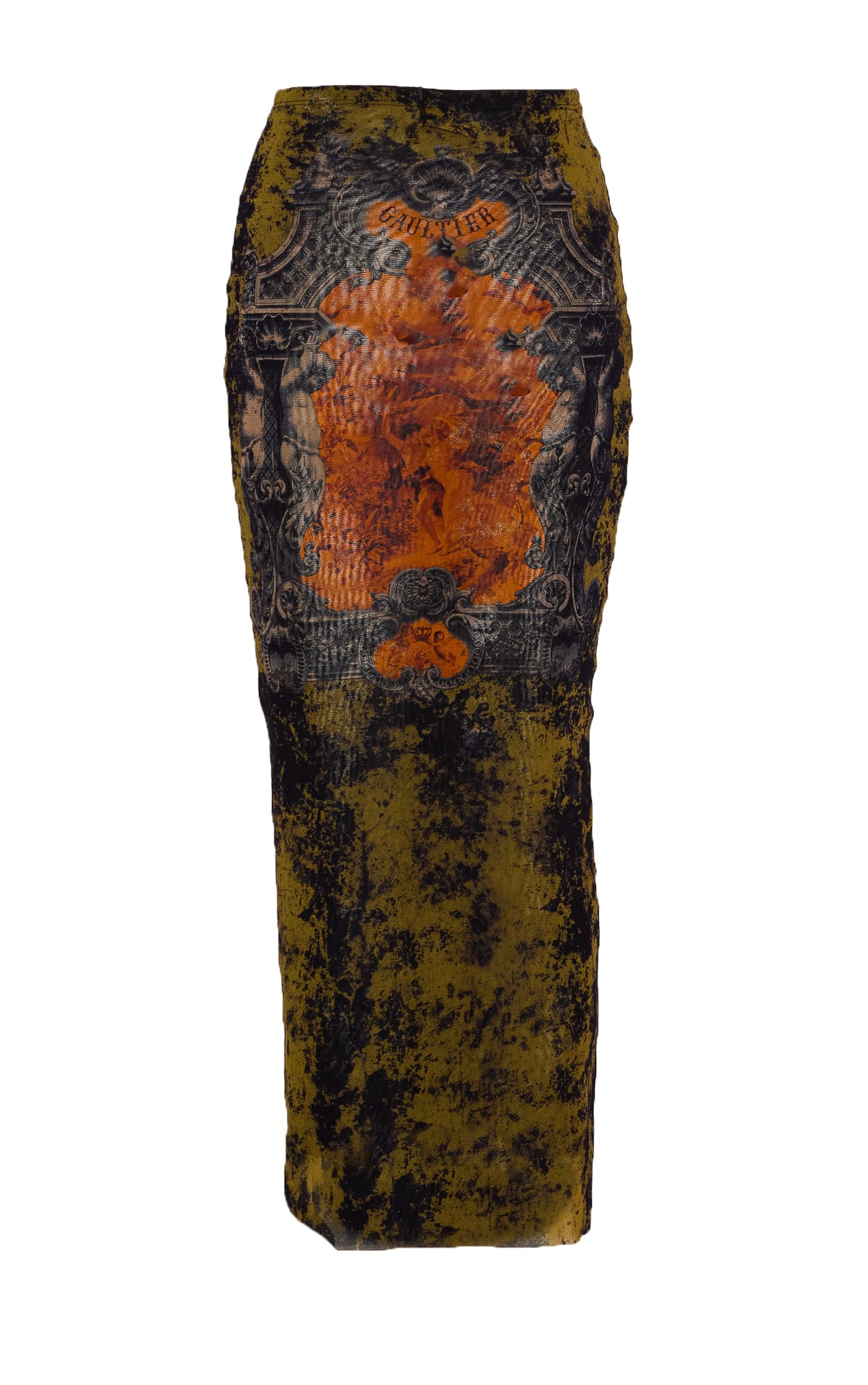 Jean Paul Gaultier Medaillon Print Mesh Long Skirt In Green