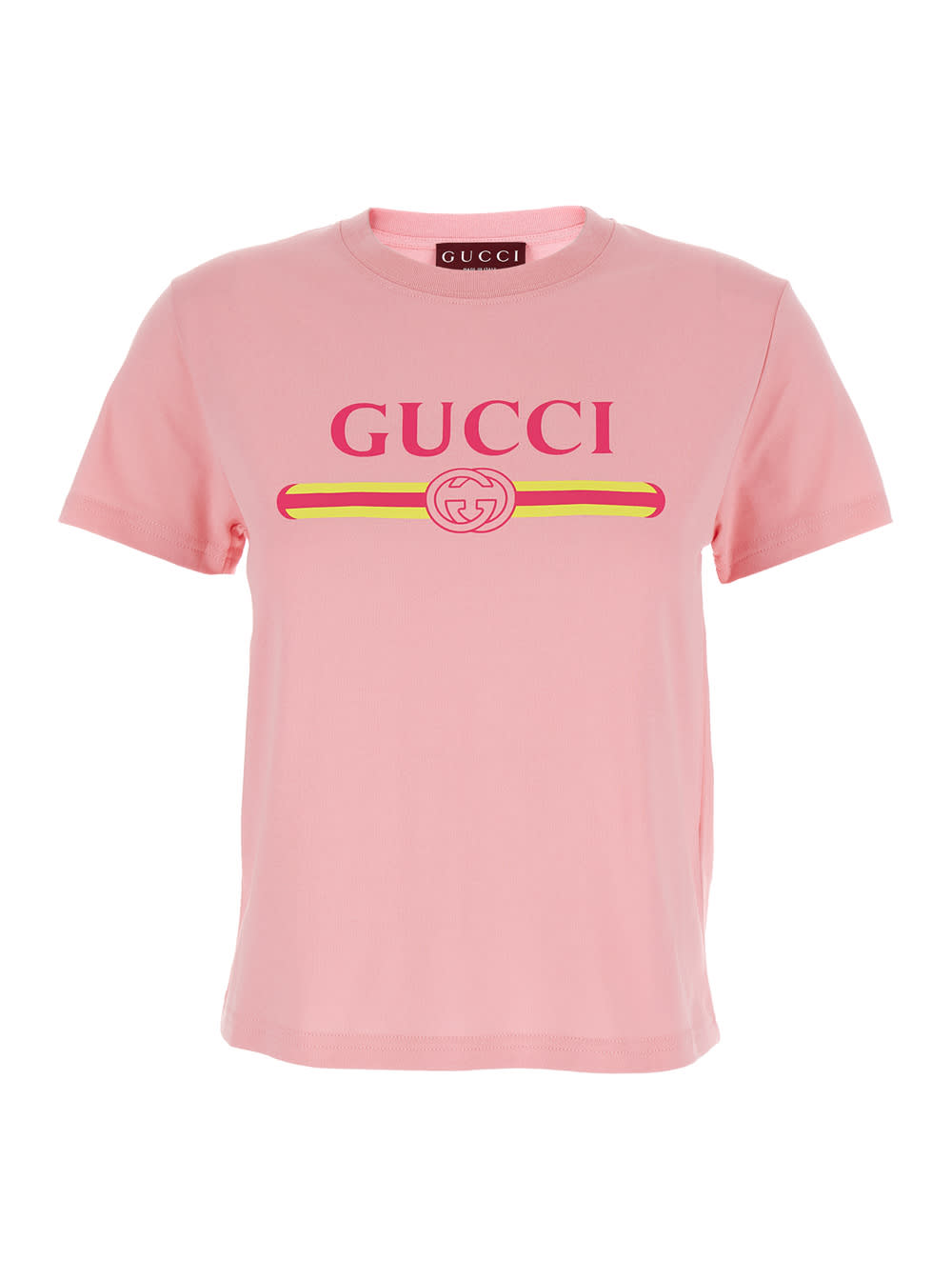 Gucci Pink Crewneck T-shirt With Logo Print On The Front In Cotton Woman In Pink