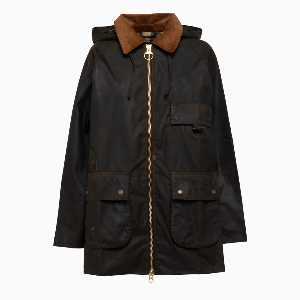 Barbour Highclere Hooded Mid Length Waxed Jacket In Olive