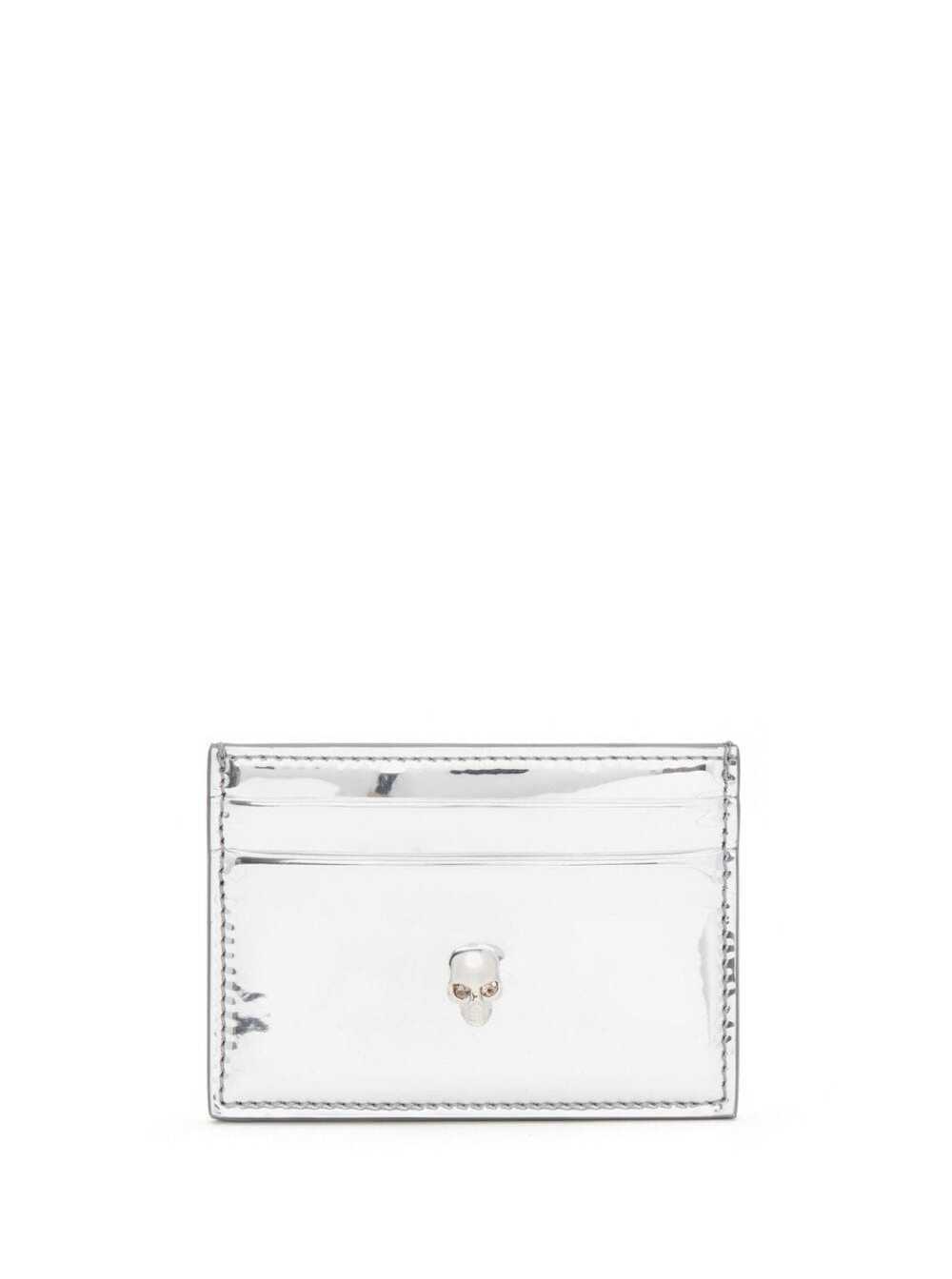 ALEXANDER MCQUEEN SILVER-COLORED CARD-HOLDER WITH SKULL DETAIL IN LAMINATED FAUX LEATHER WOMAN
