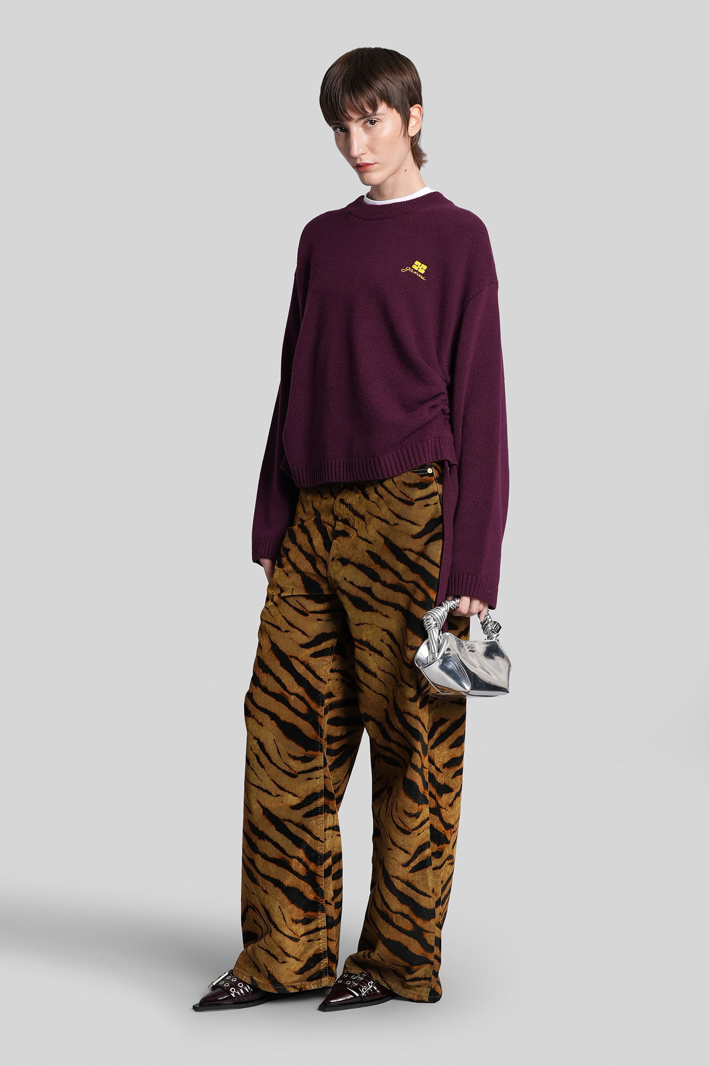 Ganni Printed Flock Denim Baggy In Brown