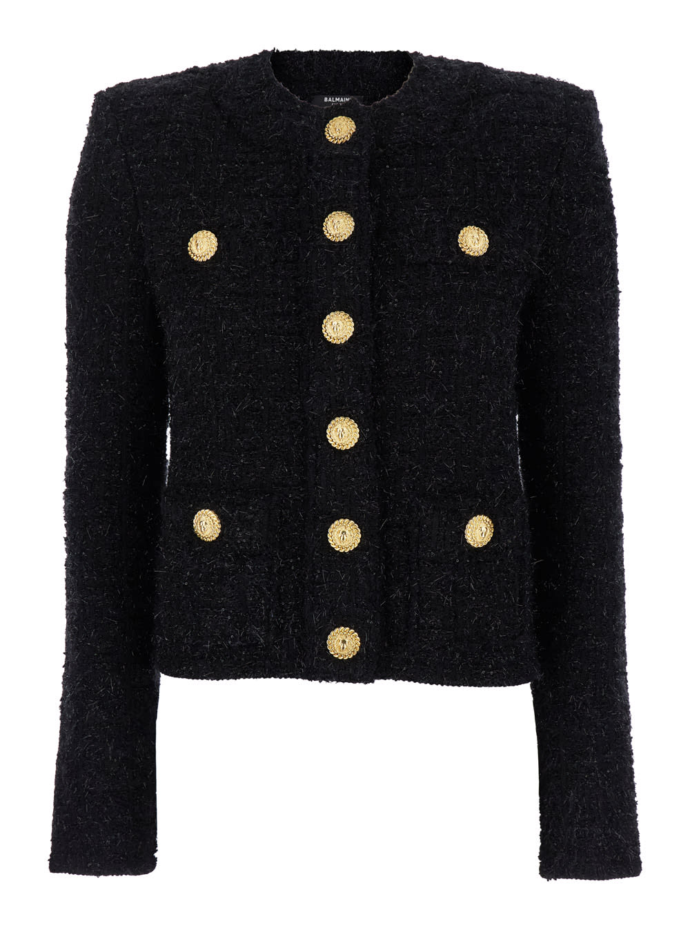 Shop Balmain Miami Black Collarless Jacket With Jewel Buttons In Tweed Woman