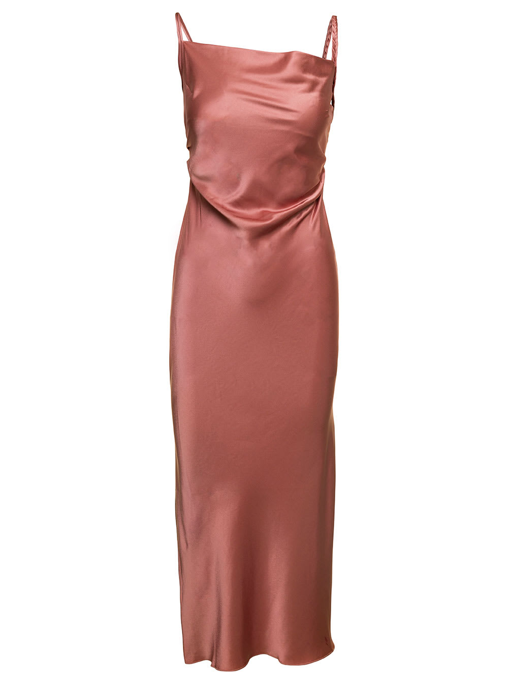 Midi Pink Dress With Braided Straps In Satin Woman