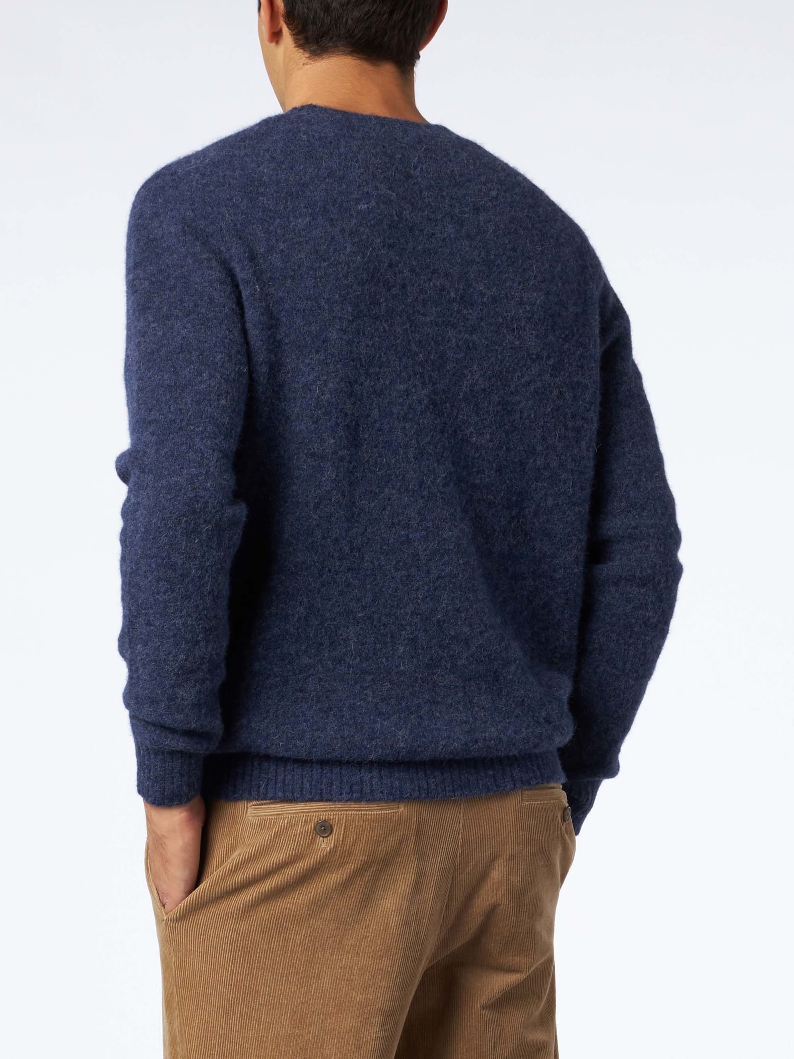 Mc2 Saint Barth Man Navy Blue Stretch Wool Sweater With St. Barth Embroidery In Blue