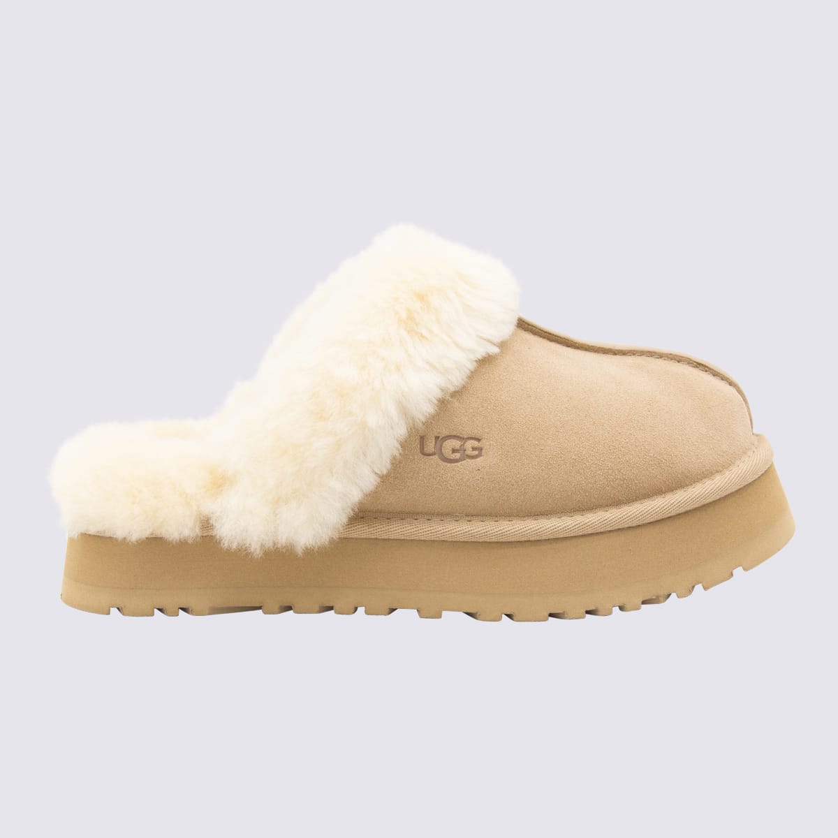 Ugg Sheepskin And Suede Slide With Plush Collar In Nude