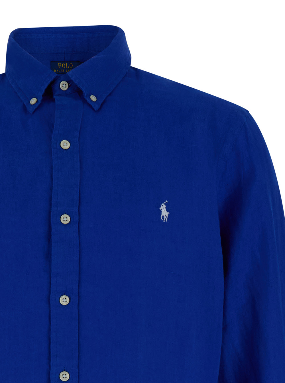 Shop Polo Ralph Lauren Blue Button Down Shirt With Pony Embroidery In Linen Man