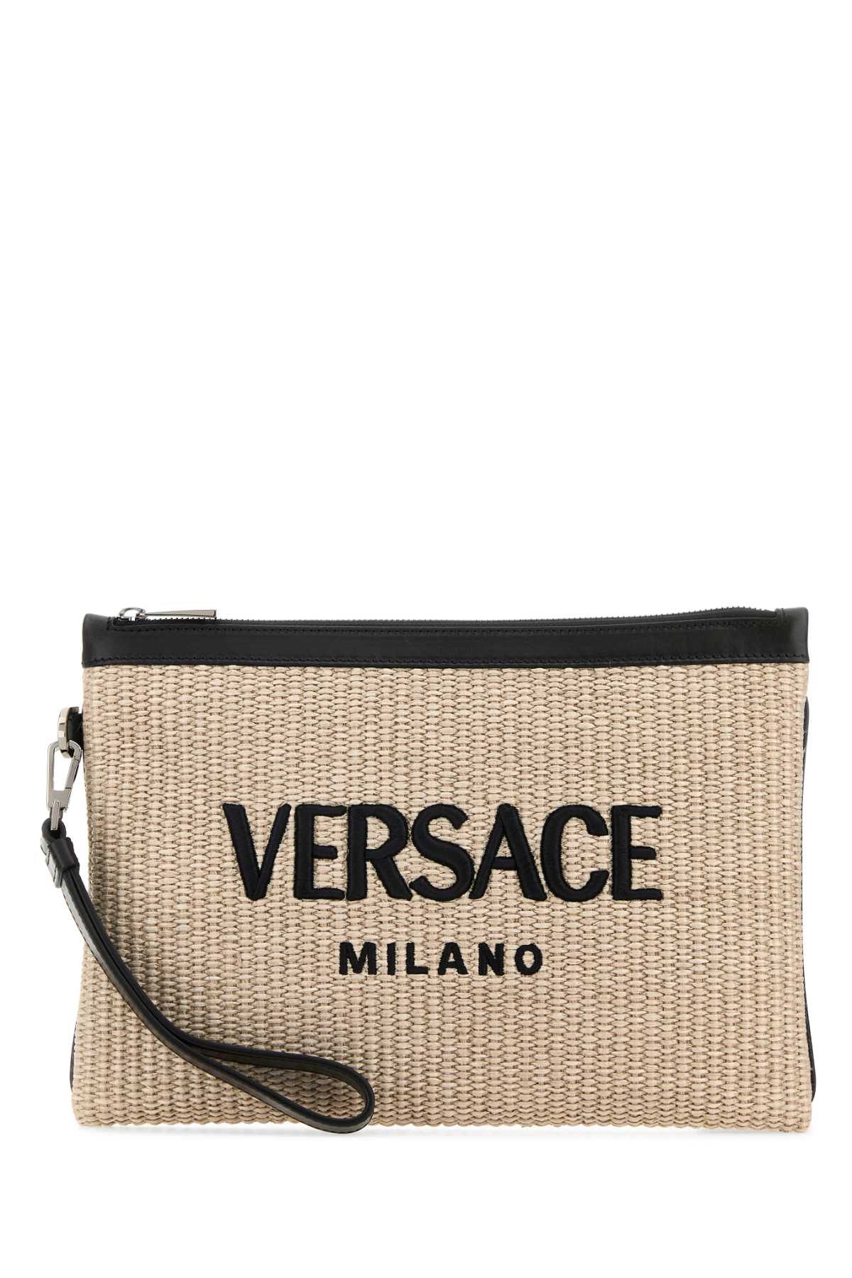 Shop Versace Cappuccino Raffia Clutch In Naturalblackruthenium