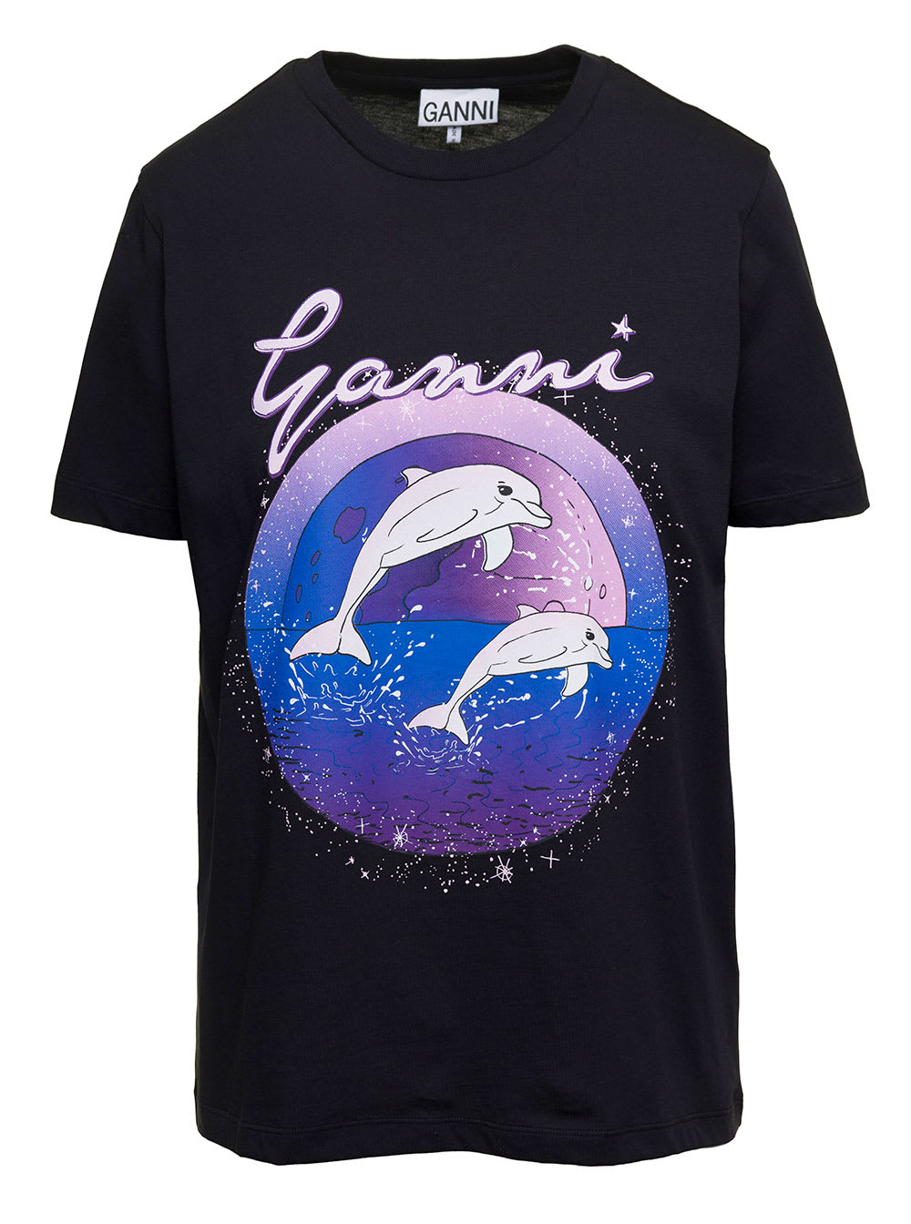 GANNI BLACK T-SHIRT WITH DOLPHIN GRAPHIC PRINT IN COTTON WOMAN