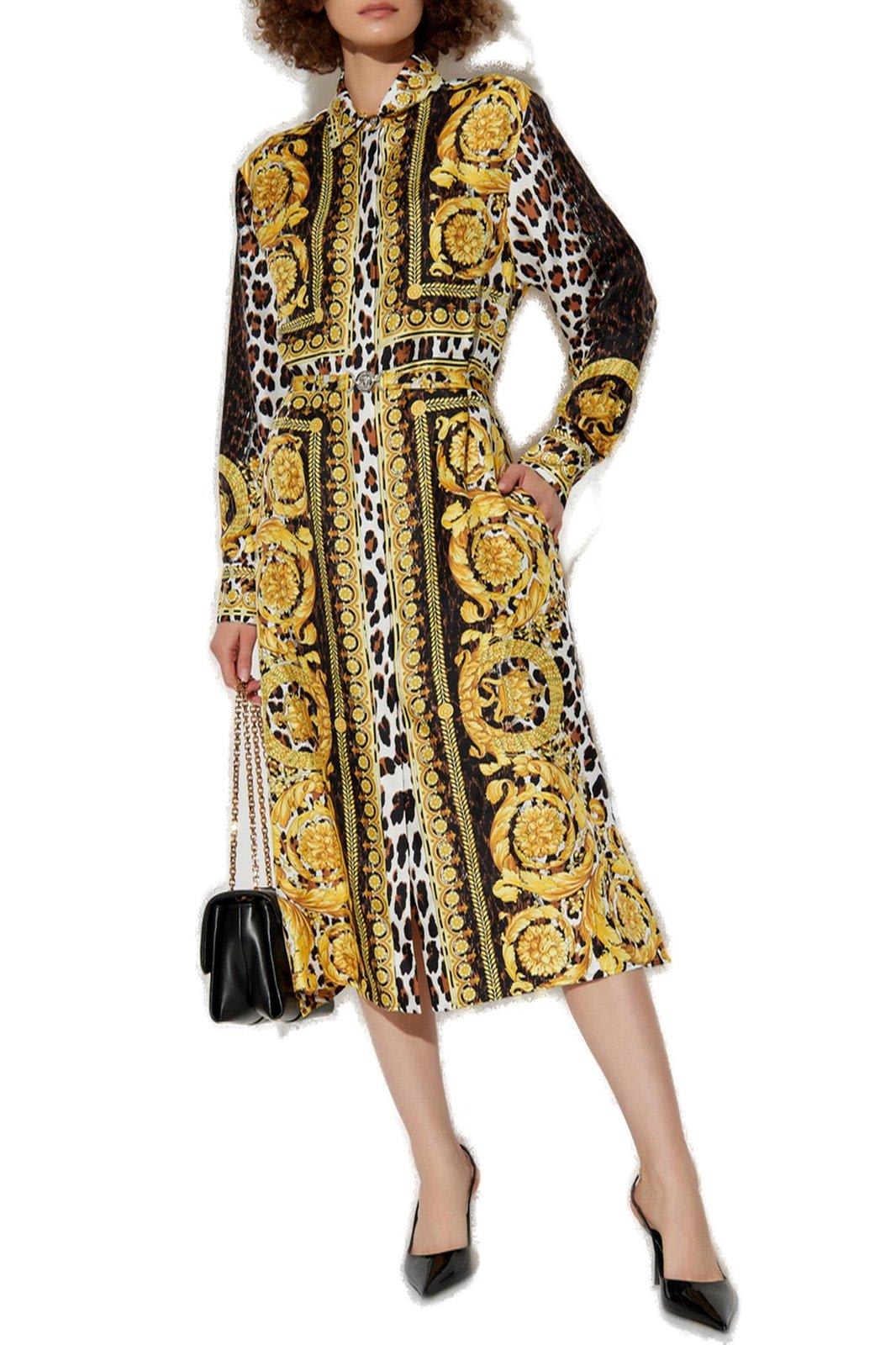 Shop Versace Wild Barocco Foulard Long-sleeved Shirt Dress In Golden