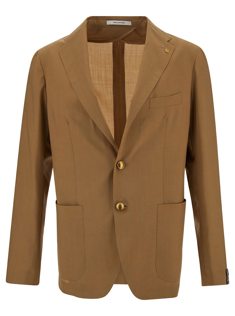 Camel Brown Single-breasted Jacket With Logo Detail In Stretch Wool Man