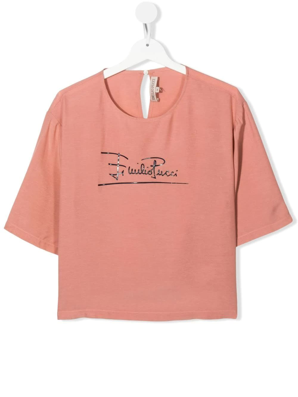 Emilio Pucci Kids Pink Crop T-shirt With Signature On The Chest