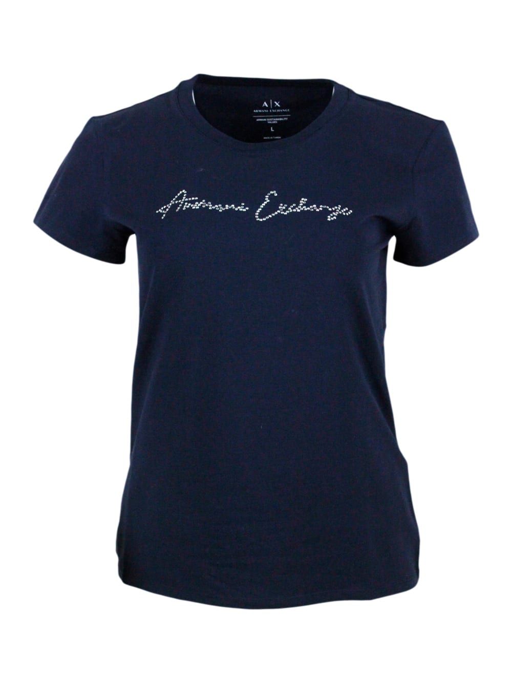Armani Collezioni Short-sleeved Crew-neck T-shirt With Studded Logo On The Chest In Blu