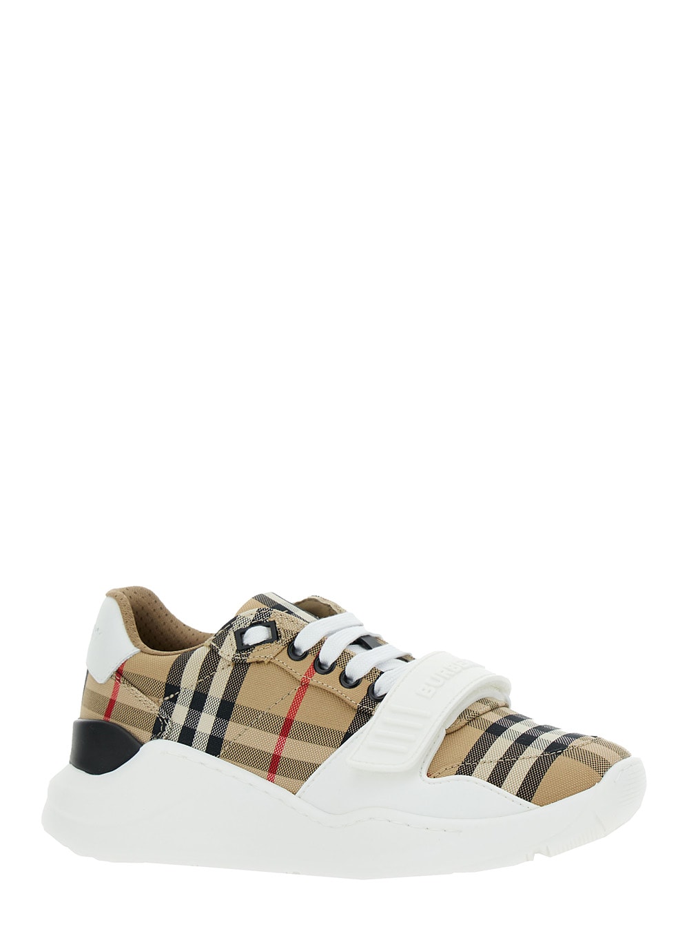 Shop Burberry Beige Low Top Sneakers With Check Motif In Canvas Woman