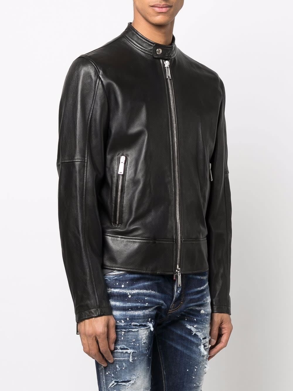 Shop Dsquared2 Leather Biker Jacket In Nero
