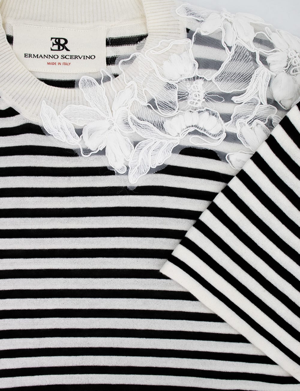 Ermanno Scervino Striped Cotton T-shirt With Floral Lace Detail In Base Bianca Riga Nera