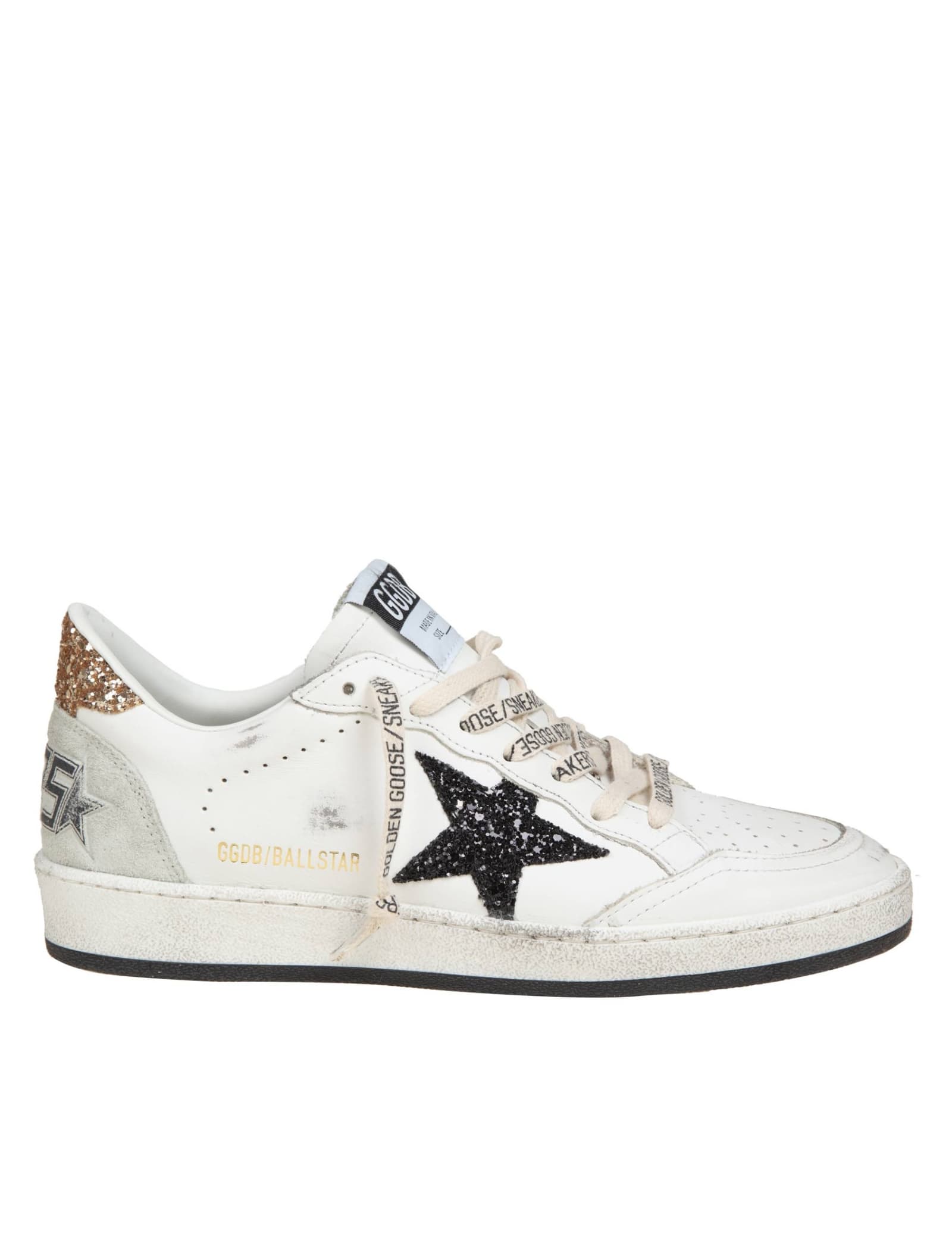 Shop Golden Goose Ballstar In White Leather With Glitter Star In White Black Gold Ice