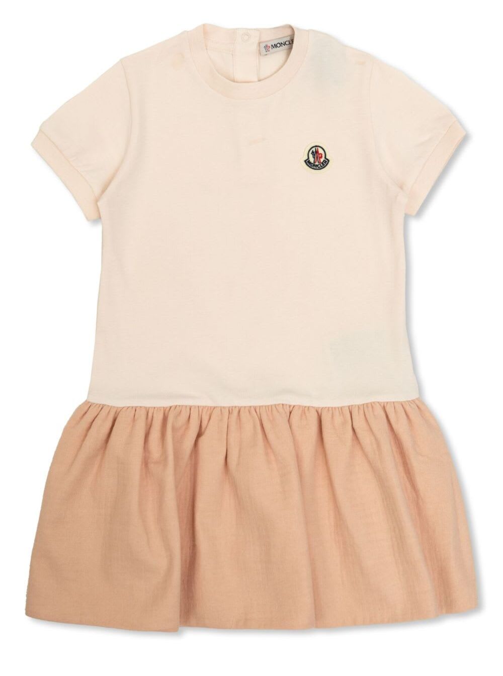 Moncler Beige Dress With Logo Patch On The Front And Flared Skirt In Cotton Baby In Brown