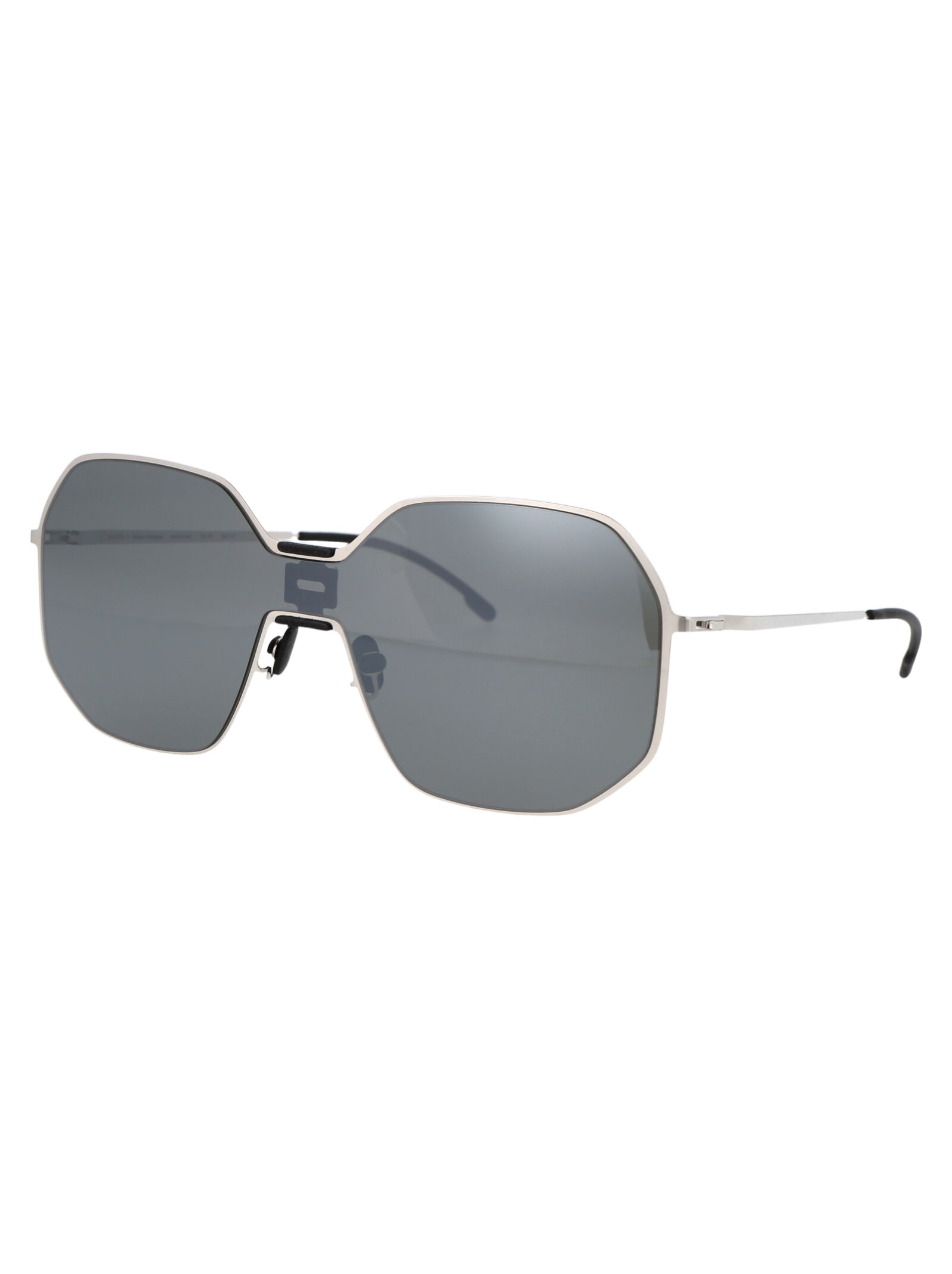 Shop Mykita Mmecho003 Sunglasses In 351 Mh22 Pitch Black Shiny Silver Silver Flash Shield