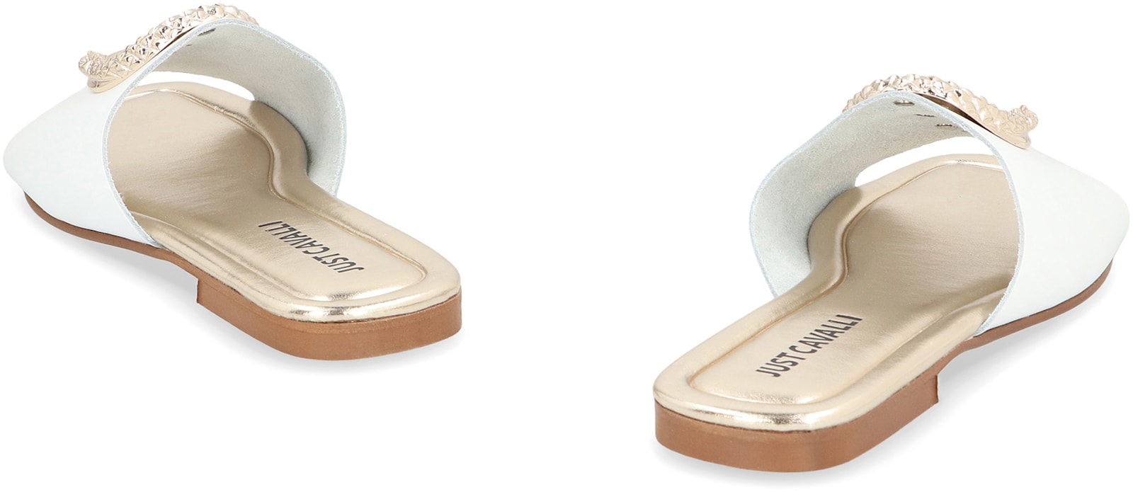 Just Cavalli Square Toe Leather Slides With Embellished Detail In White