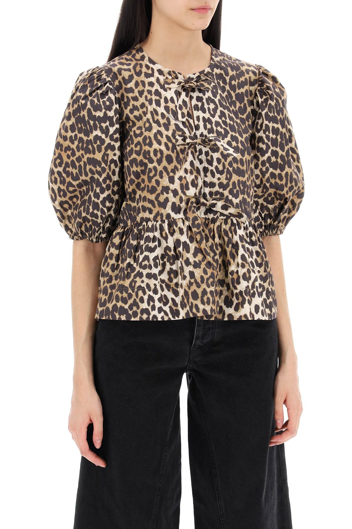 Ganni Multicolor Blouse With Front Tie Closure And All-over Leopard Motif In Cotton Woman In Leopard (beige)
