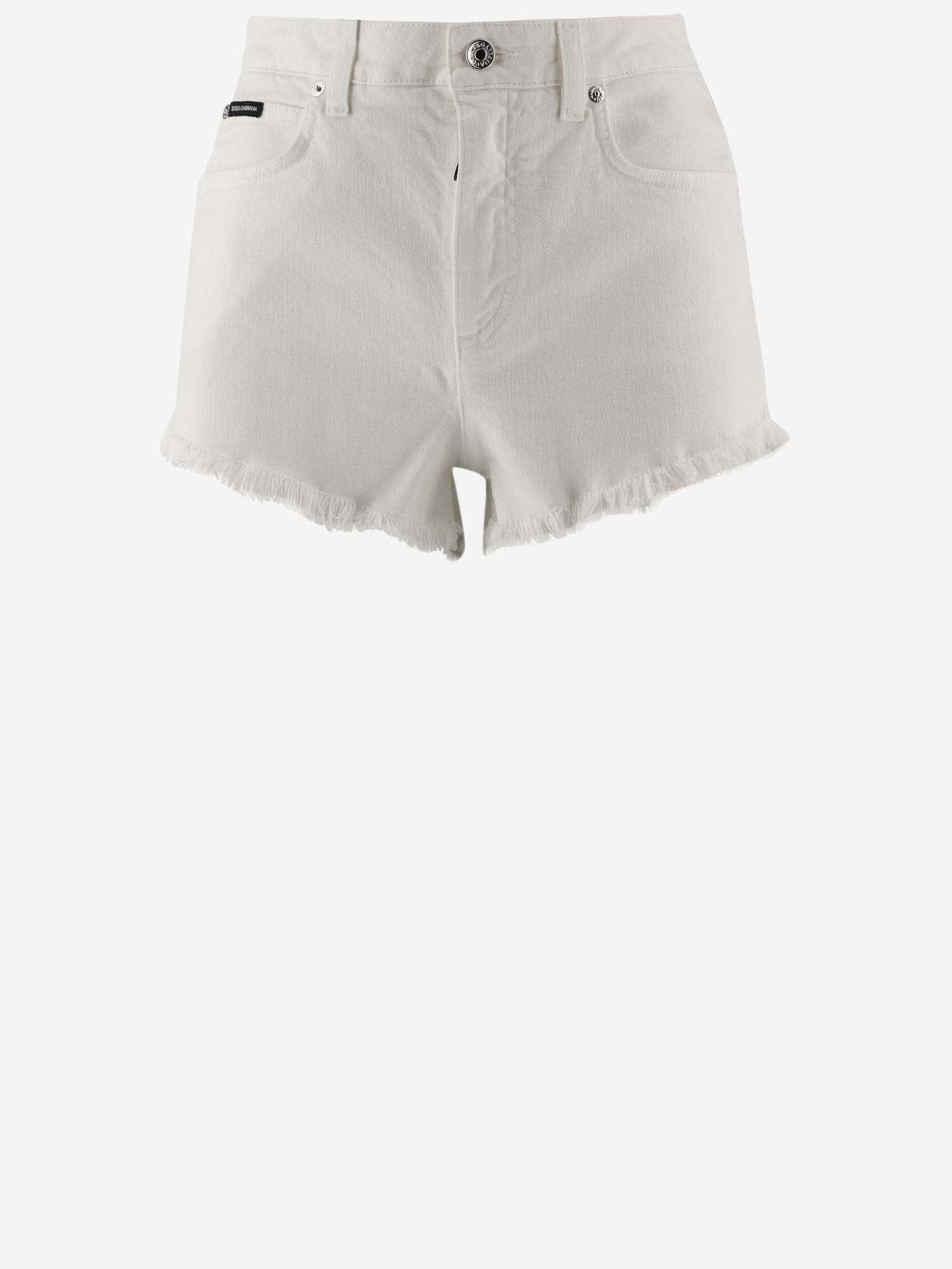 Shop Dolce & Gabbana Cotton Denim Short Pants With Dg Plaque In White
