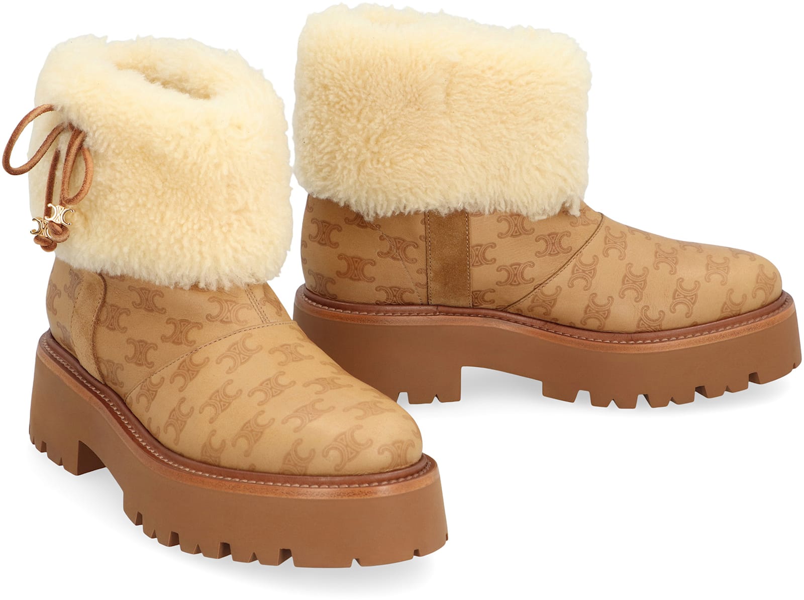 Celine Bulky Leather Boots With Triomphe All-over Motif In Nude