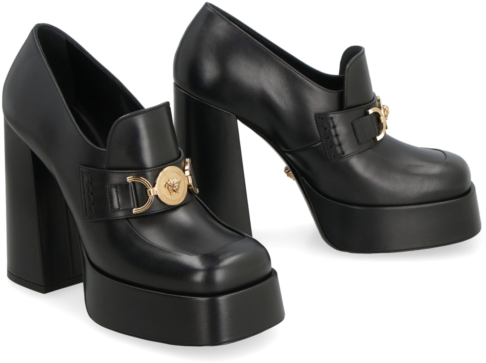 Shop Versace Logo Detail Leather Loafers In Black
