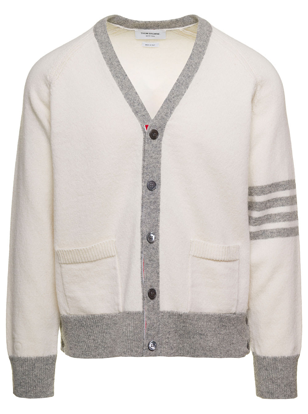 Thom Browne Jersey Stitch Raglan Sleeve Relaxed V Neck Cardigan In