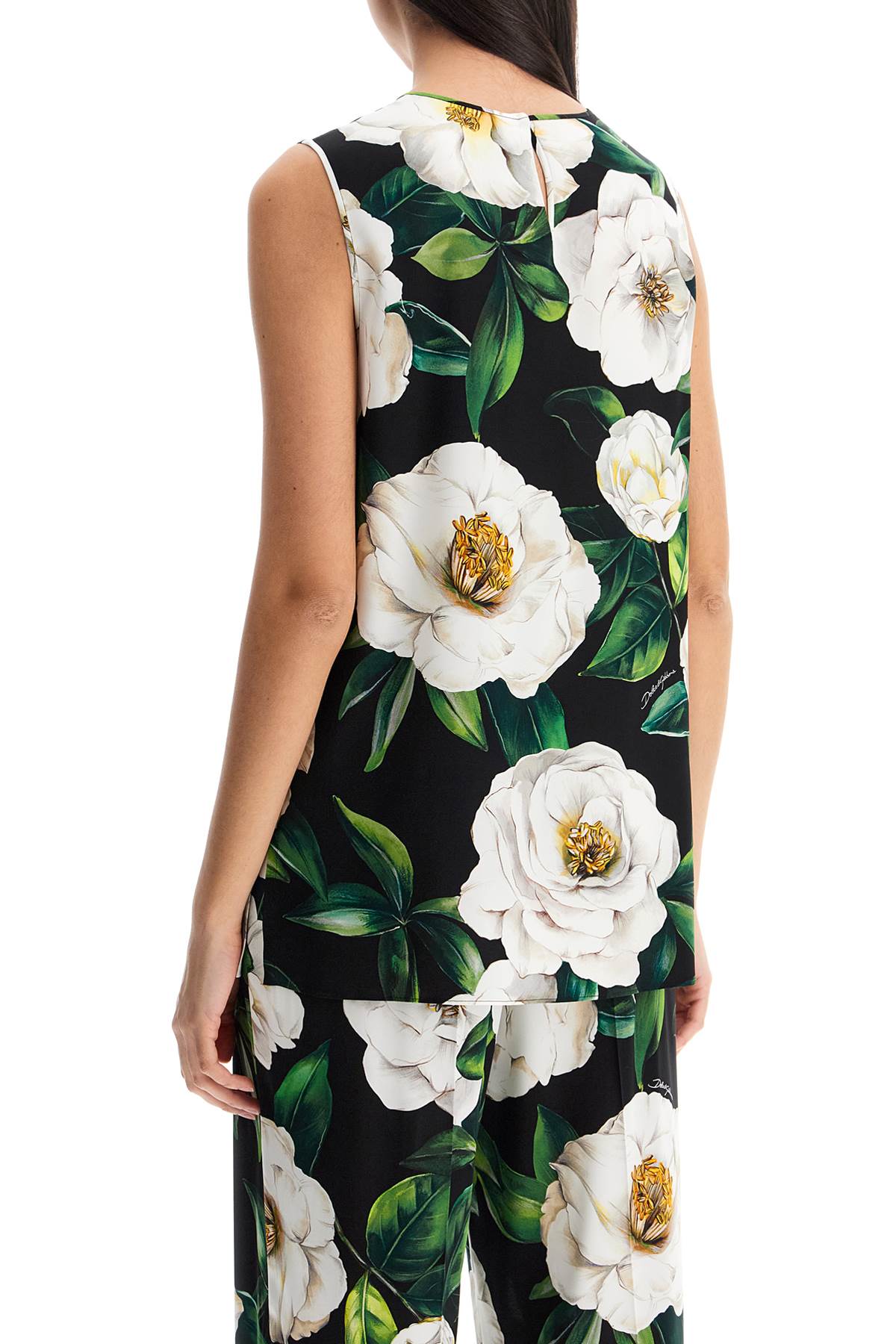 Dolce & Gabbana Gardenia Print Stretch Silk Charmeuse Sleeveless Top In Gardenia F.nero (black)