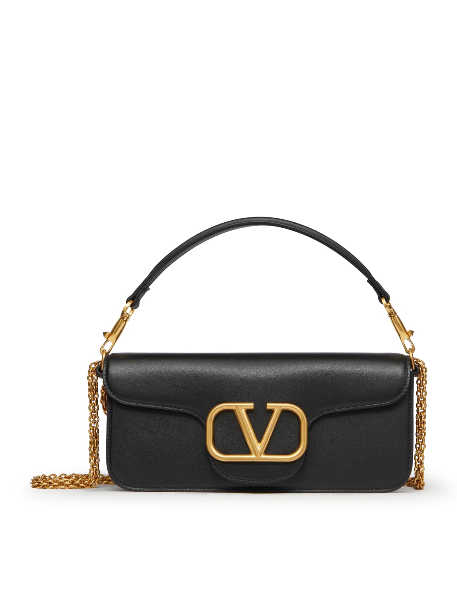 Valentino Garavani Shoulder Bag Loco` Vitello/antique Brass Logo In Black